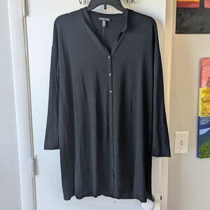 Eileen Fisher Black Long Sleeve Stretchy Button Up Mini Swing Dress Size XS